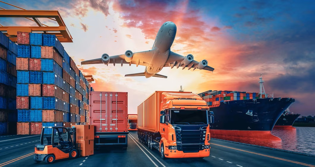Containers, cargo plane and trucks at a port