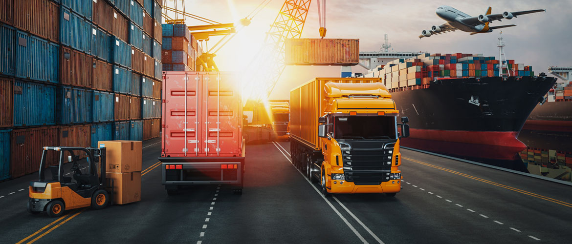 Trucks and containers at a port terminal